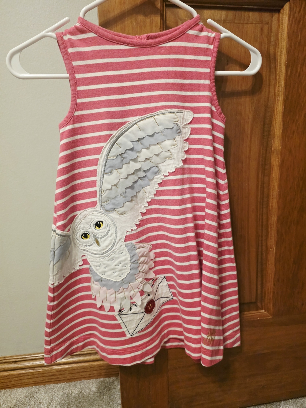 Mini Boden Pink & White Striped Owl Appliqué Dress
